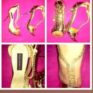 Gold heels with pink rhinestones